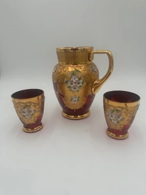 波希米亚捷克投手 & 2 眼镜红色重型珐琅彩绘装饰新艺术风格 — 第 1/4 张图片