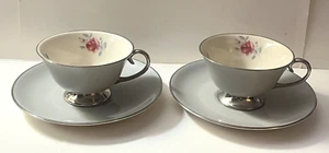 2 Flintridge China Miramar Gray Platinum Rose Tea Cups & Saucer Sets - Picture 1 of 12