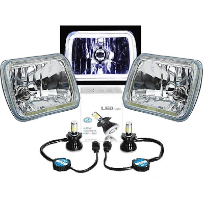 7X6" White COB LED Glass/Metal Halo Headlight H4 Light Bulb Headlamp Pair - Image 1 of 4