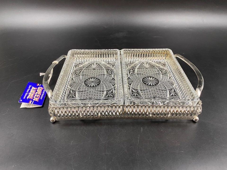 Antipastiera Salsiera cristallo molato metallo argentato 2 scomparti QUEEN ANNA - Immagine 1 di 4