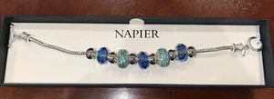 Napier 8” Bracelet Silver Tone Iridescent Blue Crystal Beads Lt Blue Rhinestones - Picture 1 of 3