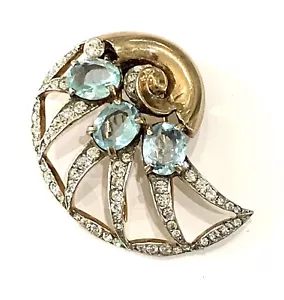 Vintage Reja Sterling Clip Brooch w Aqua Crystals & Rhinestones Signed - Picture 1 of 6