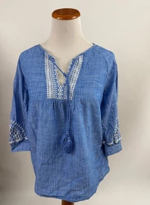 TALBOTS blue embroidered cotton peasant tassle tie sleeve top Women's PL - Picture 1 of 4