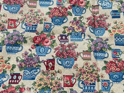 Blue & Cranberry Teapots Tea Cups Flowers ~ Kesslers Concord COTTON Fabric 1 yd - Image 1 of 4
