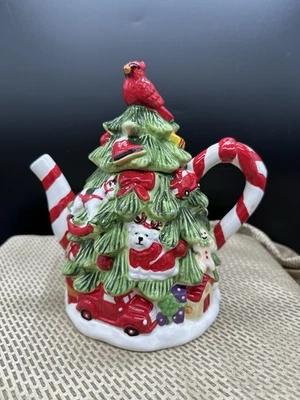 Pier 1 Imports Christmas Tree Tea Pot Cardinal Topper Candy Cane Handle - Image 1 of 4