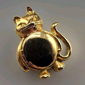 Vtg Cat Belly Locket Pin Scatter Brooch Gold Tone Hat Tie Tack Lapel Kitten LOVE - Picture 1 of 7