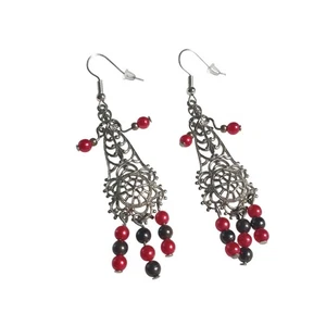 Pendientes araña filigrana de metal con cuentas rojas negras diseño gancho colgante - Imagen 1 de 5
