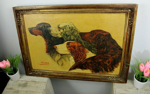 Antique oil canvas painting dogs south european signed Cover