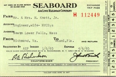 Seaboard Air Line Railway Ticket Stub - 1965 - Richmond VA to Miami Florida - Image 1 of 2