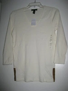 Ralph Lauren Women's Long Sleeve Cream Top Shirt w/ Brown Leather Accent NWT - Picture 1 of 4