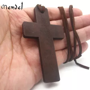 MENDEL Mens Christian Amulet Protection Large Wooden Wood Cross Pendant Necklace - Picture 1 of 4