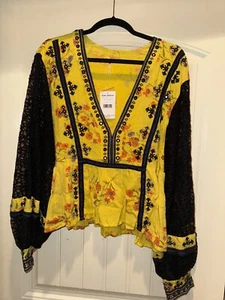 Free People Blossom Top Retail$148Balloon Sleeve Patchwork Boho Waffle Women’s S - Picture 1 of 2
