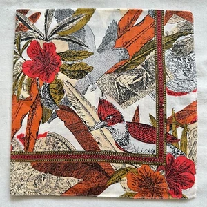 Handkerchief Vtg Gray Cotton Abstract Art Orange Red Woodpecker Hibiscus Art 18" - Picture 1 of 3