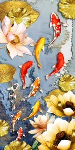 Wall Decor Art Feng Shui Koi Fish Painting Gold Abstract Lotus Printed on Canvas - Picture 1 of 6
