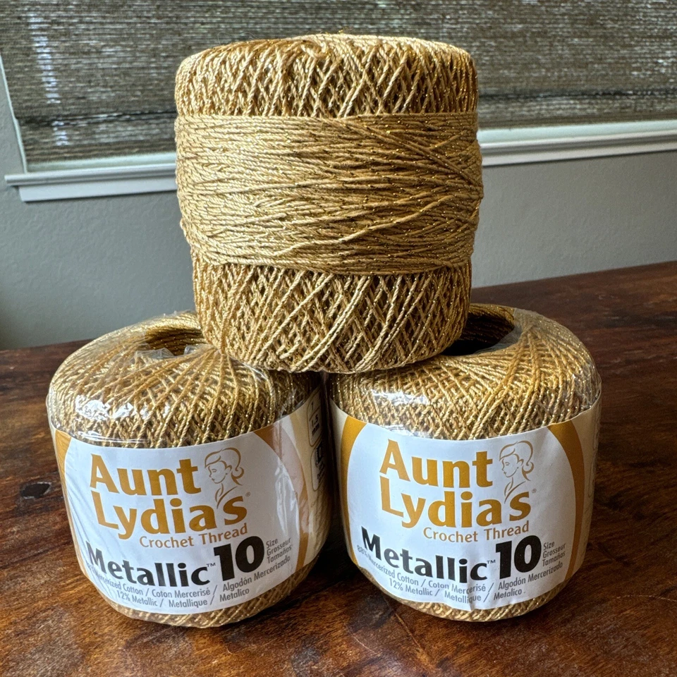 Coats Crochet Aunt Lydia's Crochet, Cotton Metallic Size 10, Gold/Gold
