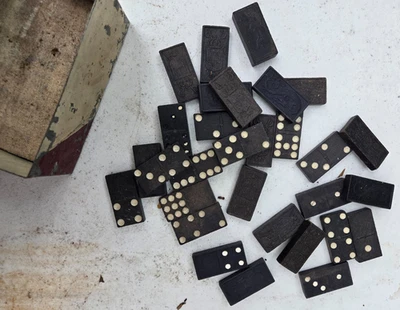 Vintage Dominoes, Homemade Tin Container, Different Sets, Pieces, Decorative - Image 1 of 4