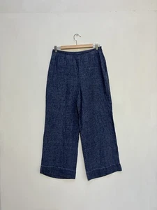 Womens Whistles Chambray Trousers Size UK 10 Blue 100% Linen Crop Wide Leg - Picture 1 of 9