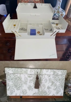 Tuileries Fold Out Jewellery Box Organizer Lori Greiner Cosmetics Toile de Jouy - Image 1 of 4