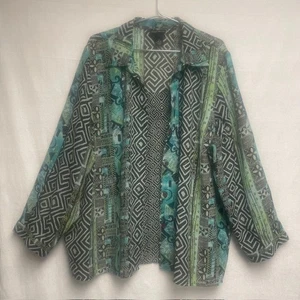 Maggie Barnes Teal Black Mosaic Pattern Long Sleeve Women's Blouse - Size 3X - Picture 1 of 13