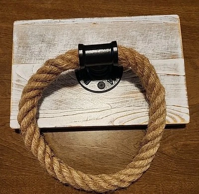 Anillo toallero rústico montado en la pared de madera antorchada y cuerda industrial, baño, cocina Foto 1 de 4