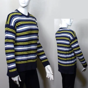 PER UNA Chunky Knit COTTON Crew Neck STRIPED JUMPER ~ Size M ~ NAVY & YELLOW Mix - Picture 1 of 5