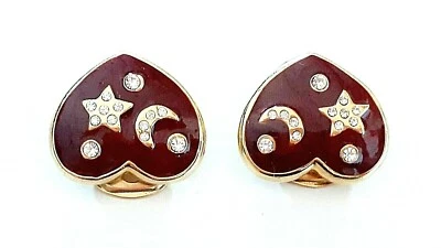 VINTAGE OHRRINGE ° Emaille ° vergoldet ° Stern / Mond ° Strass Steine ° Herzform - Bild 1 von 4