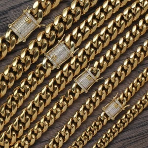 6-14MM Stainless Steel 18K GP Miami Hip Hop Cuban Chain Necklace Bracelet - Picture 1 of 14