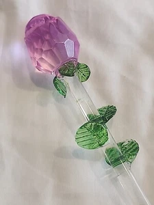 Fiore ROSA ROSSA in vetro con foglie verdi ricordo romantico 5" - Foto 1 di 7