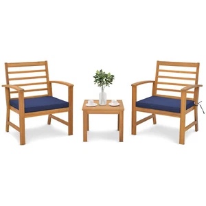 3 PCS Outdoor Furniture Set Acacia Wood Conversation Set w/ Soft Seat Cushions - Picture 1 of 9