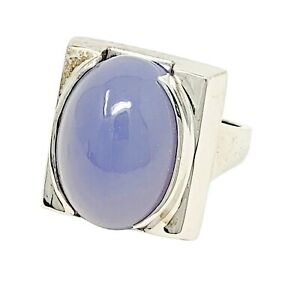 Ring Blue Chalcedony Cabochon Oval 14K White Gold 16.5 CTW Size 7