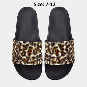 Black Leopard Crystal Slide Sandal Slippers Beach Shoes Flip Flop Hip Hop Bling - Picture 1 of 1