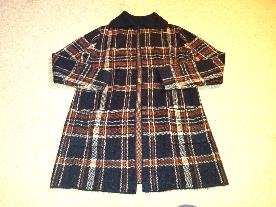 Suéter para mujer-TAHARI-azul marino/naranja/blanco mezcla de lana a cuadros plumero/cárdigan abierto-L Foto 1 de 4