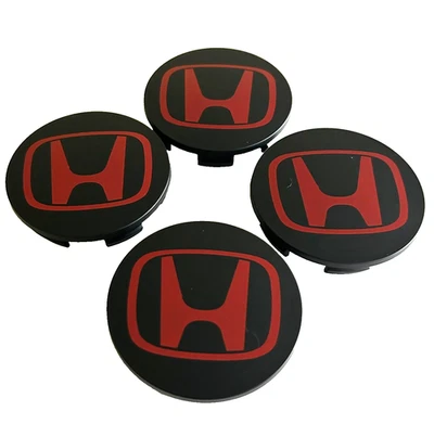Honda Wheel Center Caps RED Logo on Black Rim Hubcaps 69mm/2.75" (Set of 4) - Image 1 of 3