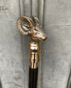 elegant walking stick, mouflon head handle, black cane, wood and metal - Picture 1 of 3