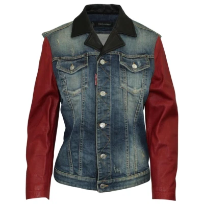 Chaqueta vaquera para hombre Dsquared2 con paneles de cuero rojo talla Euro 52 Foto 1 de 4