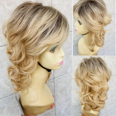 Pelucas de cabello sintético mezcla rubio raíces oscuras onduladas medianas esponjosas mujeres naturales 6T613 Foto 1 de 4