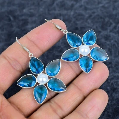 Blue Topaz , Pearl Gem Jewelry 925 Sterling Silver Dangle Earring  1.8" - Image 1 of 4