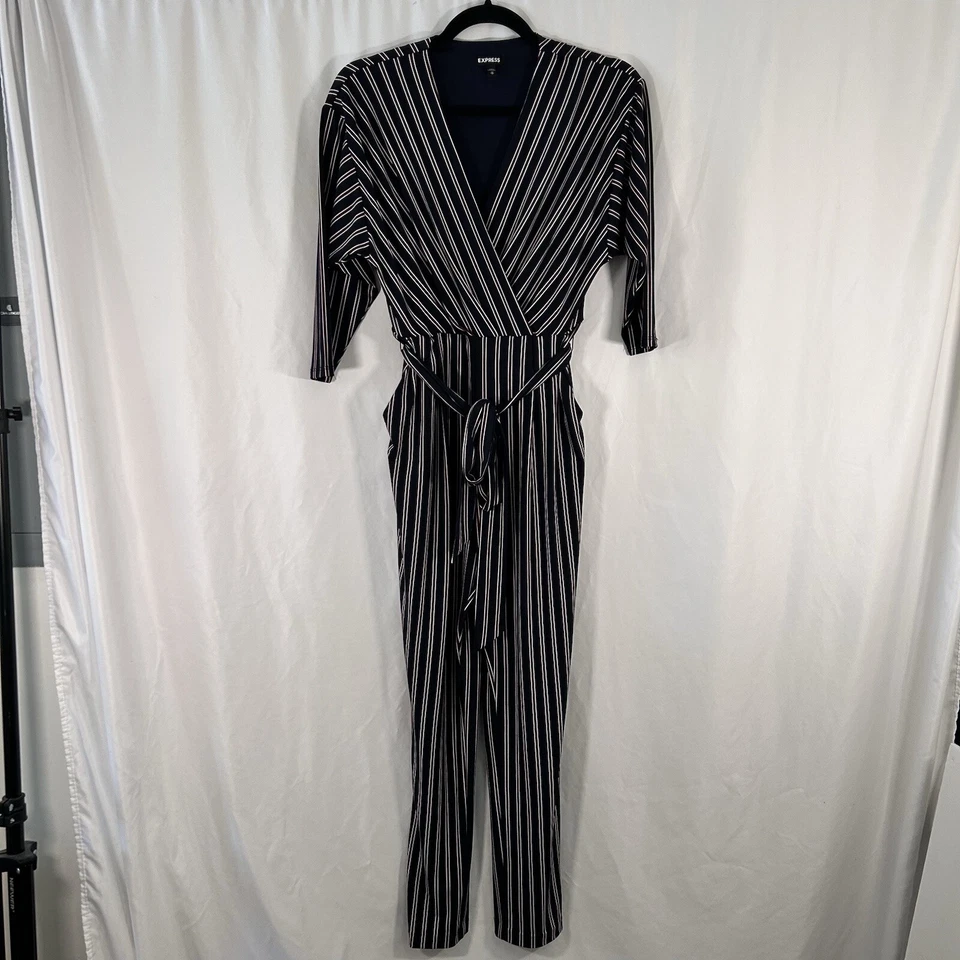 Женский комбинезон Express XS синий красный в полоску с поясом рукав 3/4 v-образным вырезом - Изображение 1 из 4