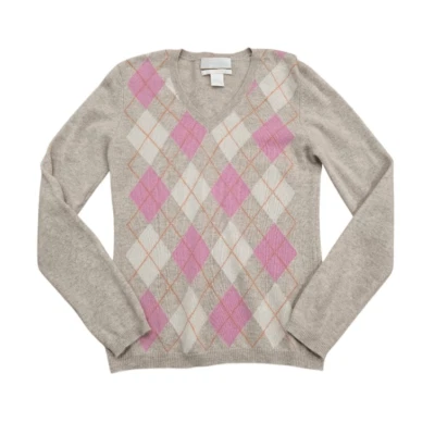 Geneva Sweater Women's Small Tan Knit 100% Cashmere V-Neck Argyle Pullover Gorpc - Image 1 of 4