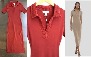 Abito midi Caroline Constas nuovo senza etichette in maglia a costine con colletto all'uncinetto taglia large - Foto 1 di 7