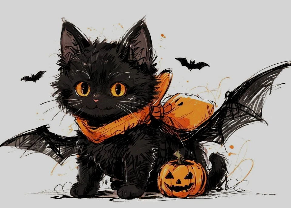 ACEO Mini *Art Print* Black Cat Baby Kitten Halloween Bats & Pumpkin by Saulite - Image 1 of 1