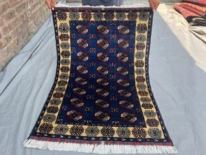 2'9 x 4 Vintage Afghan Handgeknüpfter Teppich Tribal Wolle Kleinflächenteppich Blau Rug - Bild 1 von 10