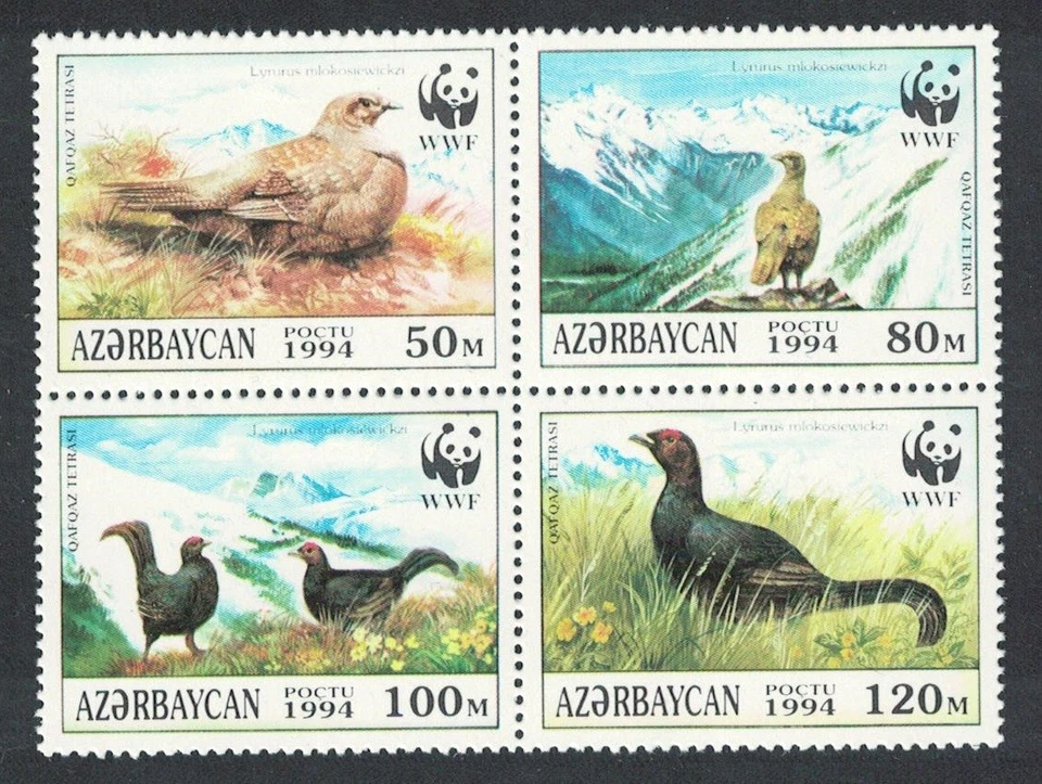 Azerbaijan Birds WWF urogallo negro caucásico 4v bloque de 4 1994 MNH Foto 1 de 1