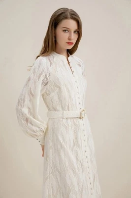 GDS White Lace Midi Dress 16AU 12US BNWT Buttons Belted Long Sleeve RRP $229 - Image 1 of 4