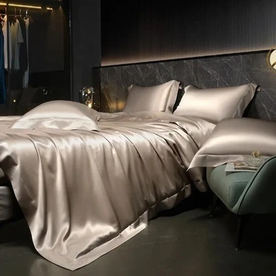 Juego de cama de seda maciza de 4 piezas con funda nórdica ajustable/plana funda de almohada  Foto 1 de 4