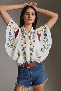 Camicia ricamata Anthropologie Farm Rio toucani uccellini tropici blusa taglia L - Foto 1 di 11