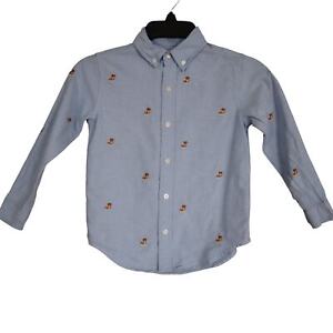 Janie And Jack Embroidered Dog Shirt Boys Size 5 Button Up Blue Cotton