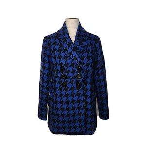 JOIE Womens Large Blue & Black Houndstooth Pea Coat, Classic Retro Pockets - Picture 1 of 12