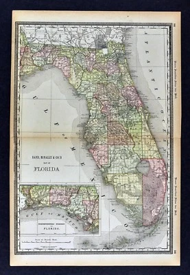 Mapa McNally 1891 - Florida Miami Orlando St. Augustine Tampa Tallahassee Keys FL Foto 1 de 4