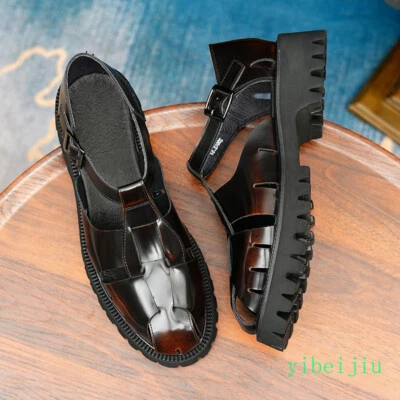 Men's Roman Sandals Real Leather Chunky Heel Shoes Platform Summer Hollow Out SZ - Image 1 of 4